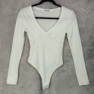 Free People White Long Sleeve Bodysuit Lace Trim Sz S coquette layering